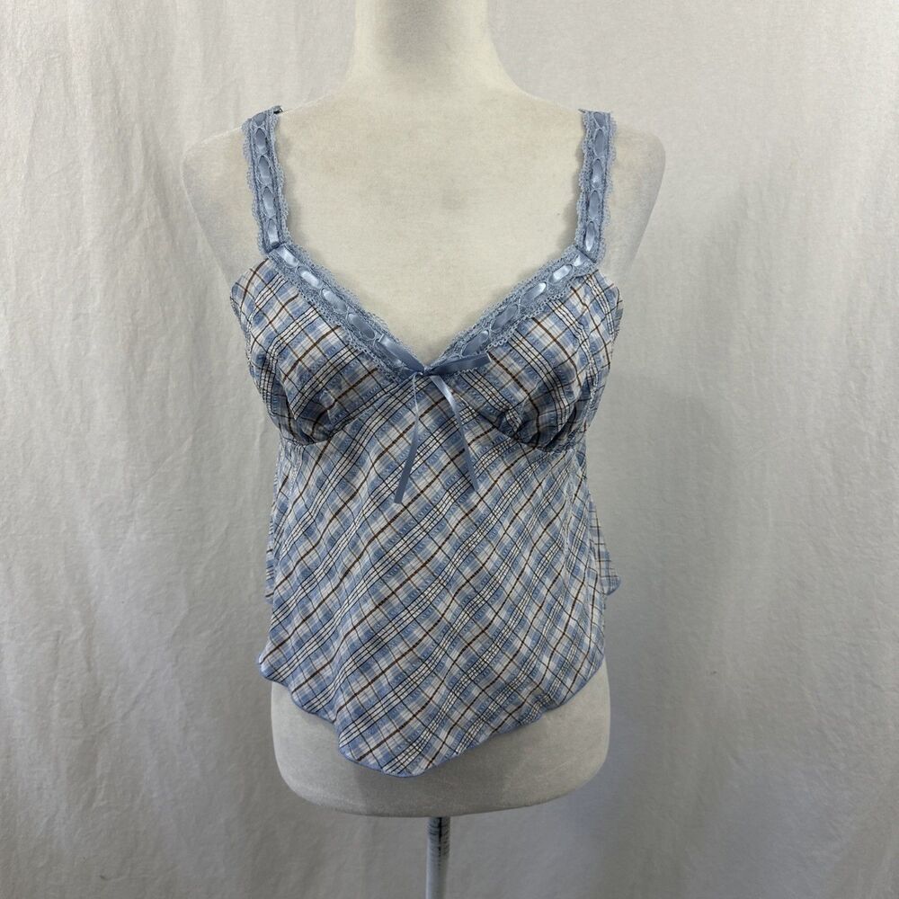 No Boundaries Blue Plaid Babydoll Lace Trim Cami Tank Women’s Sz M Coquette